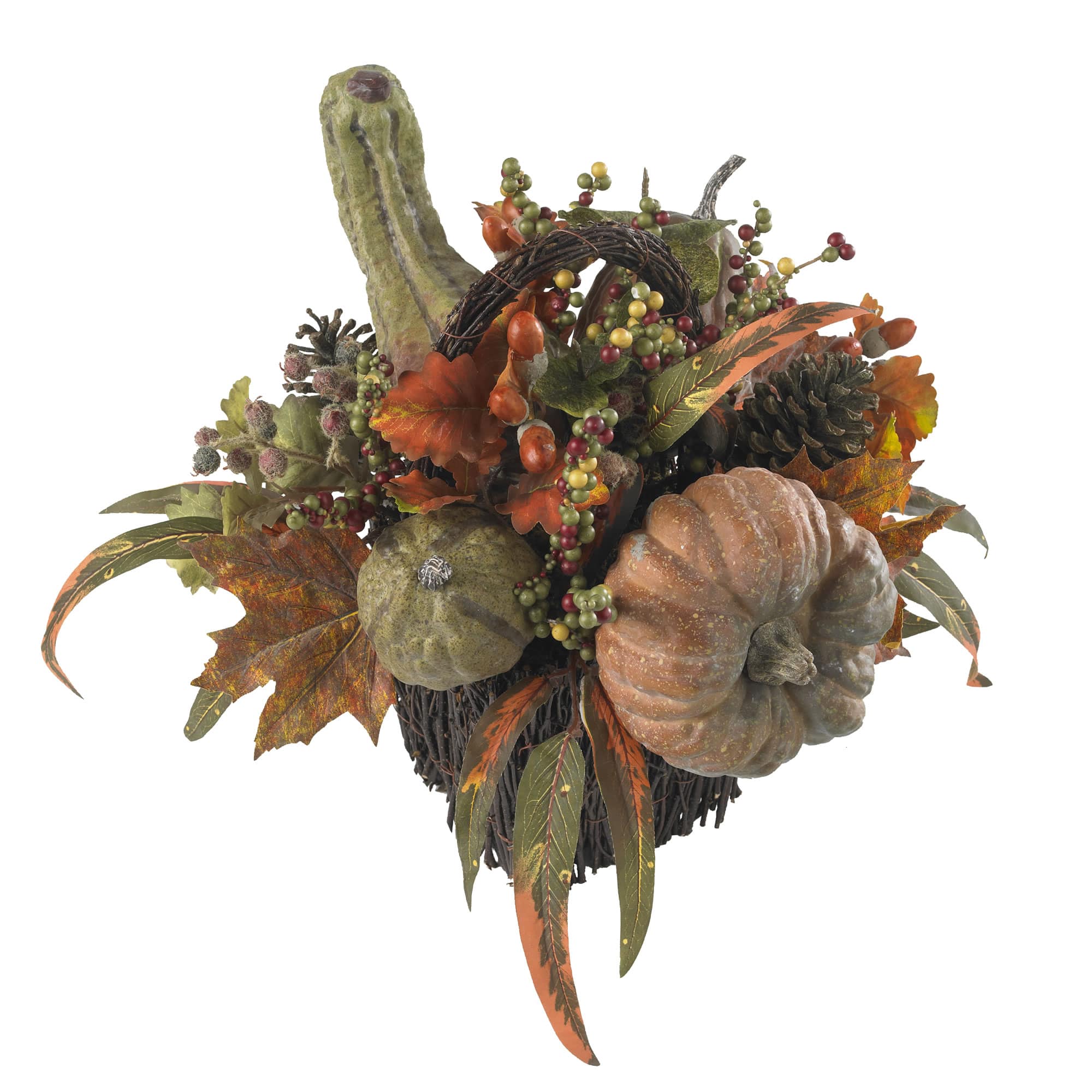 15" Green Fall Pumpkin & Berry Table Arrangement in Twig Base
